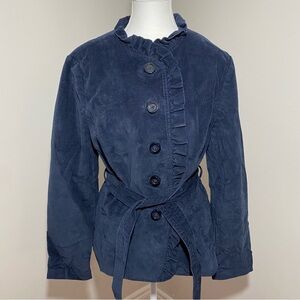L.L. Bean  Corduroy Dark Blue Blazer Jacket with Ruffle Detail and belt 12 reg